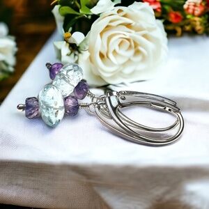 Natural Sky Blue Topaz, Purple Sapphire Earrings Handcrafted Sterling Silver